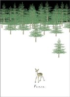 Peaceful Deer charity card features a small deer walking out from a forest onto the snow covered ground and an overall very peaceful winter scene .  Printed on recycled paper.
