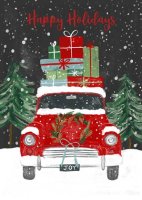 This charity card, supporting the National Foundation for Cancer Research, including a red car loaded with colorfully wrapped holiday gifts.  Printed on recycled paper and fully customizable inside.