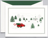 Bringing Home the Tree features a classic scene during the holiday scene with nice embossing and foil stamping, including an embossed and foil stamped border to frame  the image.  Optional colorful envelope liners are available, such as the Forest  liner shown .