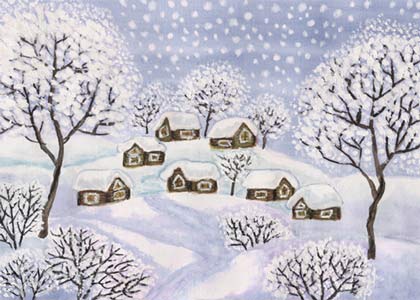 Cabins in the Snow charity holiday cards support the National Alliance to End Homelessness.. The cards are printed on 12 pt.  coated recycled paper.  The card includes a white, unlined, square flap envelope.