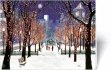 A colorful Boston winter scene with a walk along the Commonwealth Ave walkway with the trees lighted for the holidays and leading to the Boston Public Garden Gate.  A wonderful card to send out from Boston to your customers and friends.
