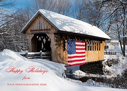 Patriotic Covered Bridge Winter Snow Scene Holiday Card