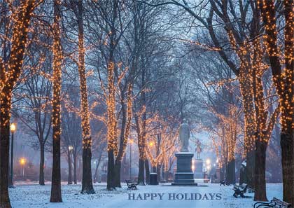Beautiful corporate Holiday card depicting Boston's Commonwealth Avenue decorated for the holidays.