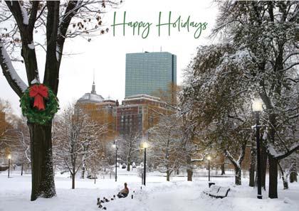 Seasons Greetings holiday card of Back Bay from the Public Garden, alongside the Boston Ducklings.