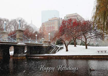 Boston's Public Gardens footbridge covered in snow in this Boston corporate holiday greeting card.