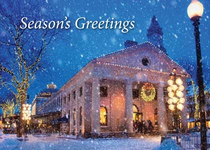 Faneuil Hall in Boston's Quincy Market here during the holidays is a beautiful Boston holiday card.
