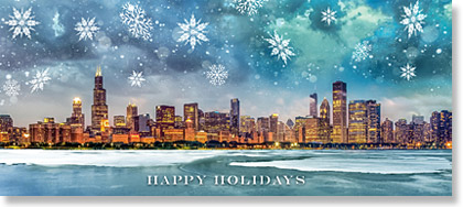 Happy Holidays Cororate Card with large snowflakes over a panorama of the Chicago skyline.
