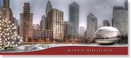 Business Holiday Card of Chicago's Millennium Park, with The Bean  and Michigan Avenue buildings.
