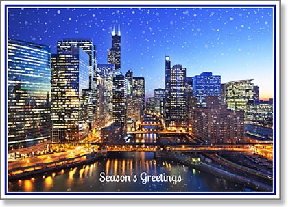 Seasons Greetings Christmas card with light snow at sunset over the Chicago River for businesses.