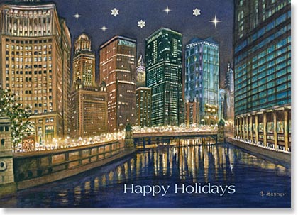 City Lights on Chicago River by artist Gail Basner is a beautiful holiday card for any business.