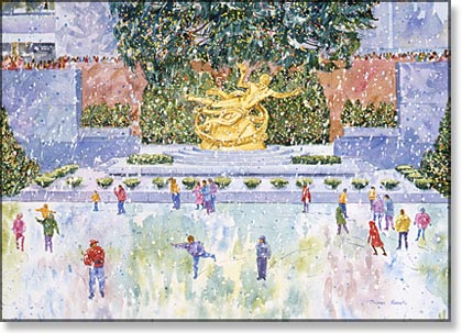 Corporate holiday card with Thomas Rebek's NYC Rockefeller Center Skaters watercolor image.