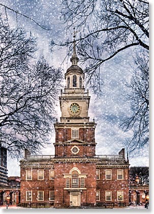 Independence Hall in Snow Holiday Card