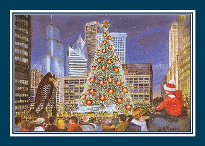 Chicago Holiday Card featuring Tree Lighting in Daley Plaza from a watercolor by Gail Basner