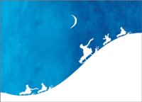 Children sliding down a snow covered hill with the  new moon in the night sky.  This charity holiday card, which supports the Starlight Children's Foundation, is printed on recycled paper.