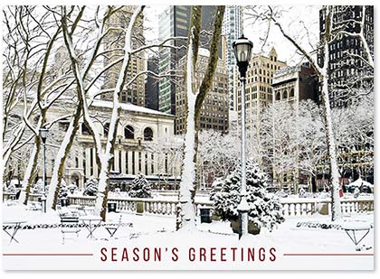Snow on Bryant Park and New York Public Library Holiday Card