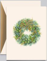 A beautiful wreath with gold foil stamped evergreen twigs and a ribbon make this a very classy holiday card to choose from this season.  You can fully personalize this holiday card and the matching envelope with your own holiday message and personalization, including your company logo.