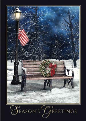 Winter Pride US Flag in a Snow Covered Park Holiday Cards