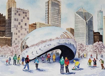 Winter Fun at the Bean Chicago holiday card from a water color by Pat King