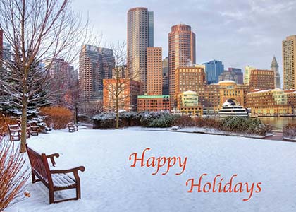 Winiter in Boston Holiday card featuring Boston Harbor under a new blanket of snow.